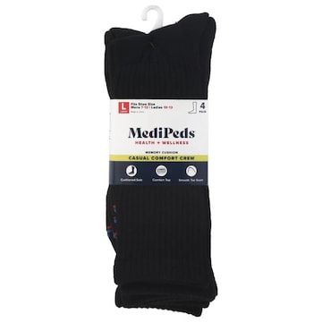 MediPeds Socks, Memory Cushion, Casual Comfort Crew, Black, Large