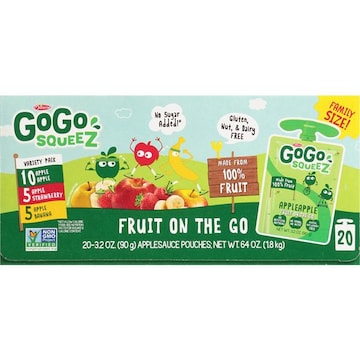 GoGo Squeez Fruit On The Go Apple, Banana, Strawberry Snack Pouches, 20 Pack