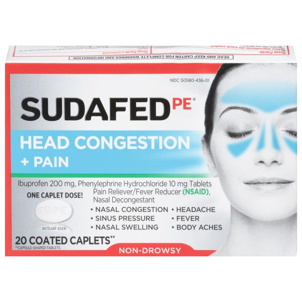 Sudafed Head Congestion + Pain, 200 mg, Coated Caplets | Publix Super ...