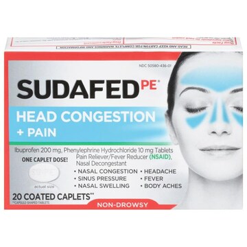 Sudafed Head Congestion + Pain, 200 mg, Coated Caplets