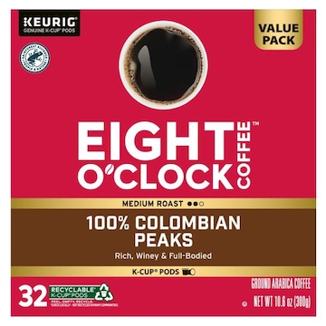 Eight O' Clock Medium Roast 100% Colombian Peaks Coffee Value Pack 32 - 0.33 oz K-Cup Pods