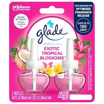 Glade PlugIns Scented Oil 2 Refills, Air Freshener, Exotic Tropical Blossoms, Essential Oil Infused Wall Plug In, 1.34 FL OZ, Pack of 2