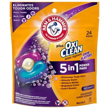 Arm & Hammer Plus OxiClean Laundry Detergent, Concentrated, Stain Fighters, Fresh Burst, 5 in 1, Power Paks
