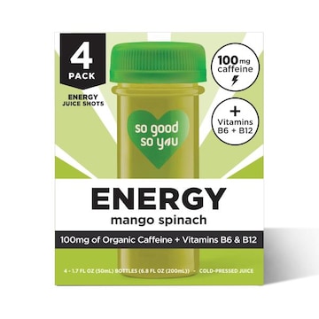 So Good So You Probiotic Juice Shots, Energy, Mango Spinach, 4 Pack