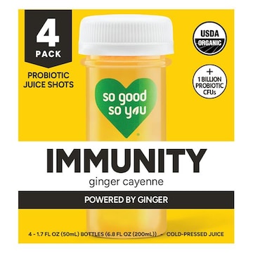 So Good So You Probiotic Juice Shots, Ginger Cayenne, Immunity, 4 Pack