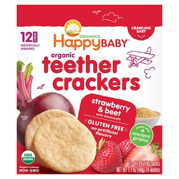 HappyBaby Organic Teether Crackers, Strawberry & Beet, Crawling Baby, 2 Packs