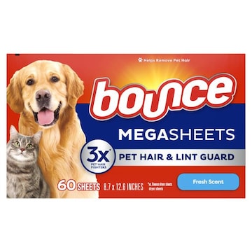 Bounce Pet & Lint Pet Hair and Lint Guard Mega Dryer Sheets, Fresh Scent, 60 Count