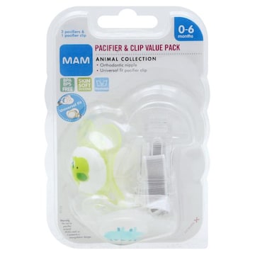 Mam Pacifier & Clip, Animal Collection, 0-6 Months, Value Pack