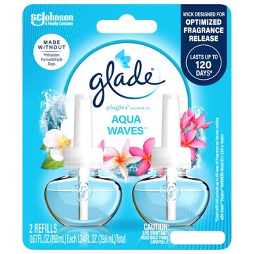 Glade PlugIns Scented Oil 2 Refills, Air Freshener, Aqua Waves,Essential Oil Infused Wall Plug In, 1.34 FL OZ, Pack of 2