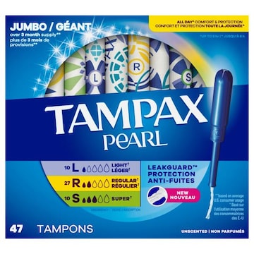 Tampax Pearl Tampons, Light/Regular/Super, Unscented, Jumbo