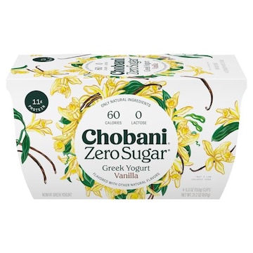 Chobani Greek Yogurt, Nonfat, Zero Sugar, Vanilla, 4-Pack