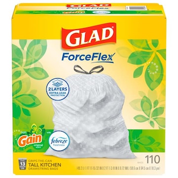 Glad ForceFlex Bags, Drawstring, Kitchen, Gain Original Scent with Febreze Freshness, 13 Gallon, Tall