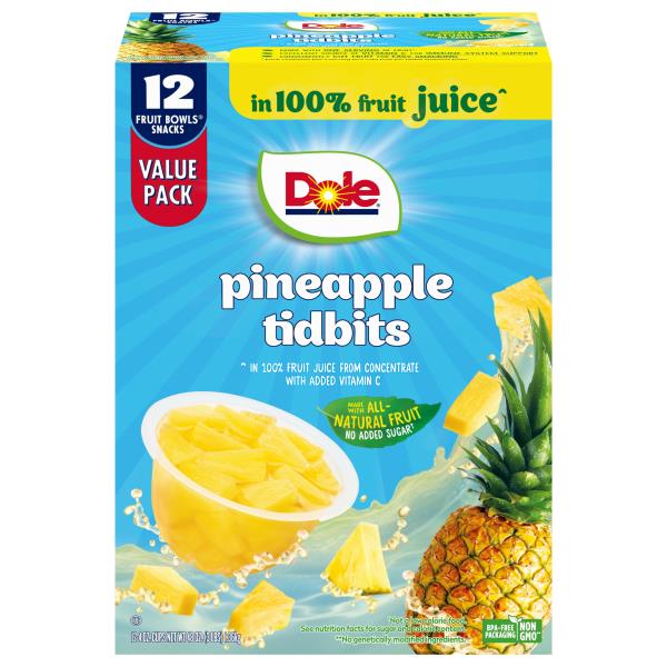 Dole Fruit Bowls Snack, in 100 Fruit Juice, Pineapple Tidbits Publix