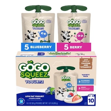 GoGo squeeZ yogurtZ Low Fat Blueberry and Berry Yogurt Snack Pouches, 3 oz (10 Pack)