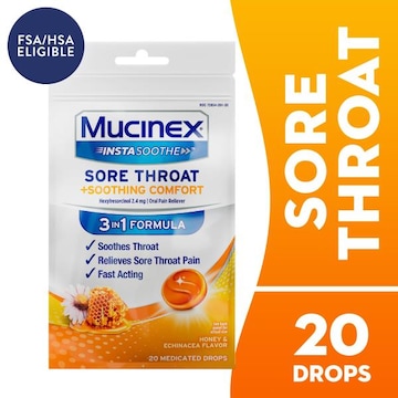 MUCINEX® Mucinex InstaSoothe  Medicated Cough Drops for Sore Throat and Cough Relief  Honey & Echinacea - 20 ct