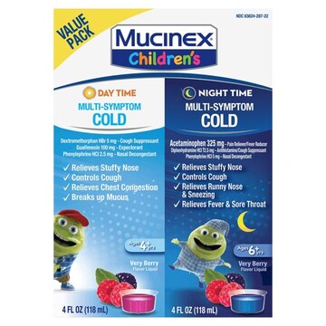 Mucinex Children's Multi-Symptom Cold, Day Time/Night Time, Very Berry Flavor Liquid, Value Pack