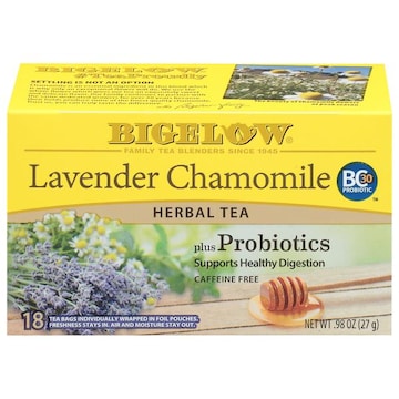 Bigelow Bigelow Lavender Chamomile plus Probiotics, Caffeine Free Herbal Tea, Tea bags, 18 TB, 18 individually wrapped tea bags