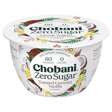 Chobani Greek Yogurt, Nonfat, Zero Sugar, Toasted Coconut Vanilla