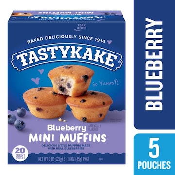 Tastykake Blueberry Flavored Mini Muffins, Portable and Shareable, Blueberry Muffins, 5 Pouches per Box