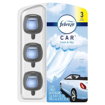 Febreze Car Air Freshener Vent Clip, Linen & Sky, .06 oz, Pack of 3