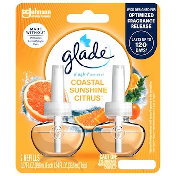 Glade PlugIns Scented Oil 2 Refills, Air Freshener, Coastal Sunshine Citrus™, Essential Oil Infused Wall Plug In, 1.34 FL OZ, Pack of 2