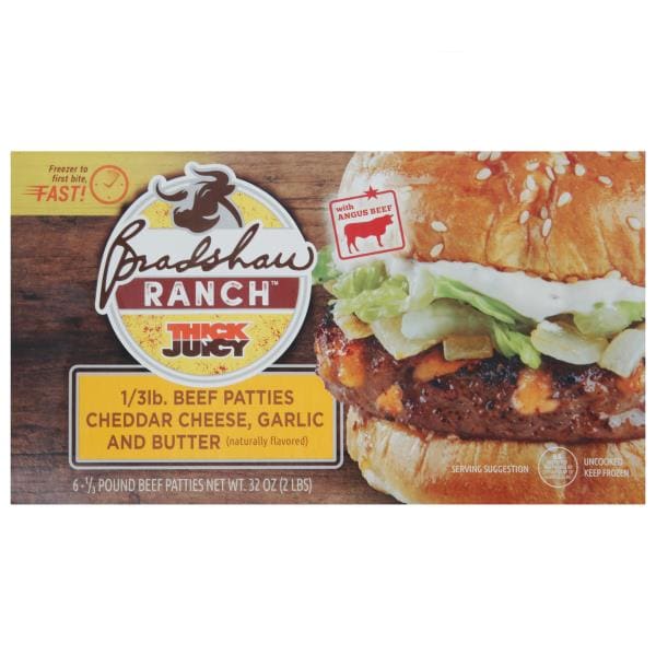 Bradshaw Ranch Beef Patties, Cheddar Cheese, Garlic and Butter, Thick N