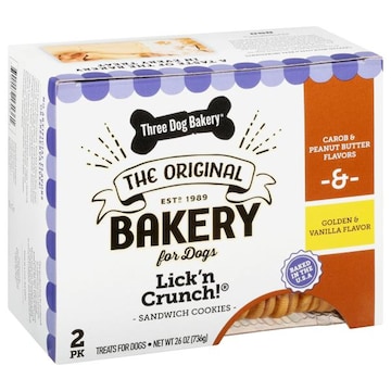 Three Dog Bakery Lick'n Crunch Treats For Dogs, Carob & Peanut Butter Flavors & Golden & Vanilla Flavor, Sandwich Cookies