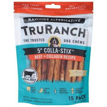 TruRanch Dog Chews, Beef + Collagen Recipe, 5 Inch Colla-Stix, 15 Pack