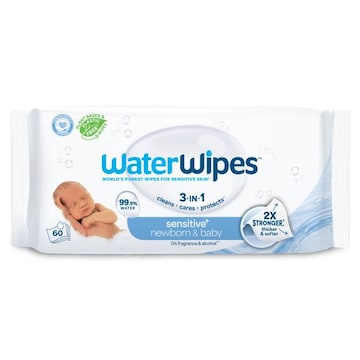 WaterWipes Sensitive+ Newborn & Baby Wipes 3-In-1 Cleans, Cares, Protects, 3-In-1 Cleans, Cares, Protects, 99.9% Water, Unscented, 60 Count