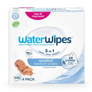 WaterWipes Sensitive+ Newborn & Baby Wipes 3-In-1 Cleans, Cares, Protects, 99.9% Water, Unscented, 240 Count