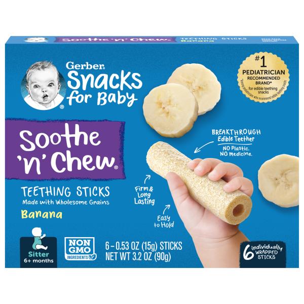 Gerber Snacks for Baby Teething Sticks, Banana, Soothe 'n' Chew, Sitter