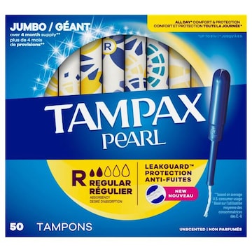 Tampax Pearl Tampons, Regular Absorbency, Unscented, Jumbo