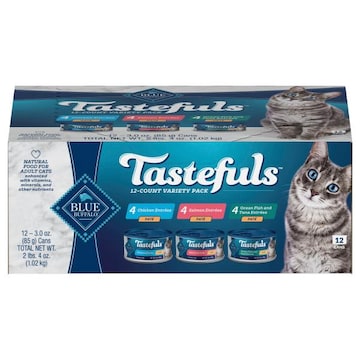 Blue Buffalo Blue Tastefuls Natural Adult Pate Chicken Entrees/Salmon Entrees/Ocean Fish and Tuna Entrees Food for Cats Variety Pack