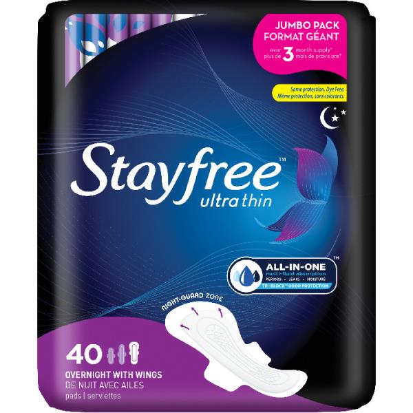 Stayfree Pads, Ultra Thin, Overnight with Wings, Jumbo Pack Publix