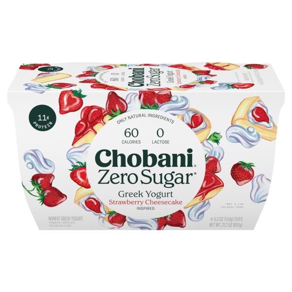 Chobani Greek Yogurt, Nonfat, Zero Sugar, Strawberry Cheesecake, 4