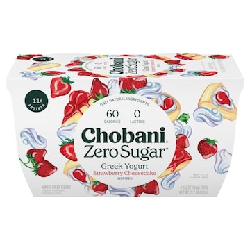 Chobani Greek Yogurt, Nonfat, Zero Sugar, Strawberry Cheesecake, 4-Pack