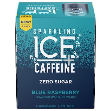 Sparkling Ice + Caffeine Sparkling Water, Zero Sugar, Blue Raspberry, 4 Pack