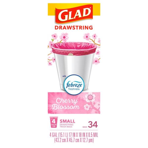 Glad Trash Bags, Drawstring, Small, Cherry Blossom, 4 Gallon Publix