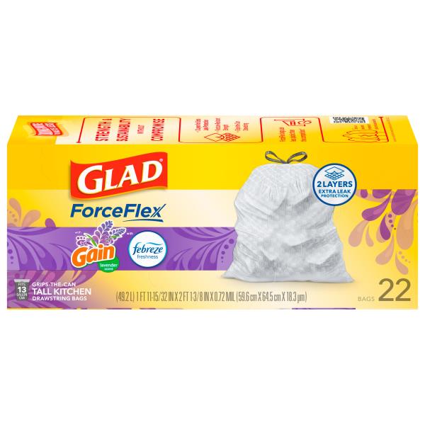 Glad ForceFlex Tall Kitchen Bags, Drawstring, Lavender Scent, 13 Gallon