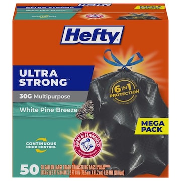 Hefty Trash Bags, Ultra Strong, Drawstring, Large, White Pine Breeze, 30 Gallon, Mega Pack