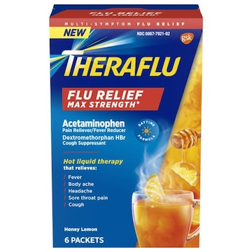 Theraflu Max Strength Daytime Flu Medicine for Flu Symptom Relief with Acetaminophen and Dextromethorphan HBr, Honey Lemon Flavored - 6 Powder Packets