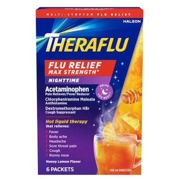 Theraflu Max Strength Nighttime Flu Medicine for Flu Symptom Relief with Acetaminophen, Dextromethorphan HBr, and Chlorpheniramine Maleate, Honey Lemon Flavore