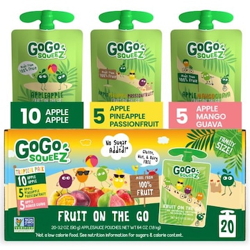GoGo squeeZ No Sugar Added  Pineapple Passionfruit Mango Guava Applesauce Tropical Variety Pack, 3.2 oz (20 Pack)