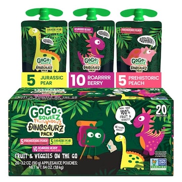 GoGo squeeZ Fruit & VeggieZ No Sugar Added Dino Pear Peach Carrot Applesauce Pouches, 3.2 oz (20 Pack)