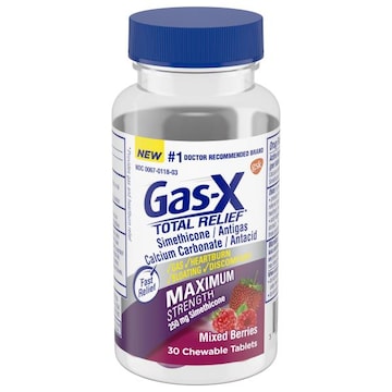 Gas-x Total Relief Chewable Tablets with Maximum Strength Gas Relief Simethicone 250 mg and Heartburn Relief Calcium Carbonate 750 mg, Mixed Berries - 30 Co