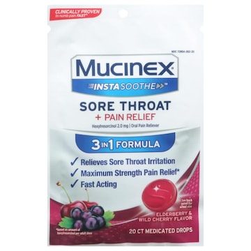 Mucinex InstaSoothe Sore Throat + Pain Relief, 3 in 1 Formula, Medicated Drops, Elderberry & Wild Cherry Flavor