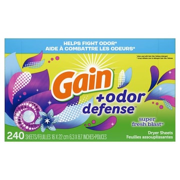 Gain + Odor Defense Dryer Sheets, Super Fresh Blast Scent, 240 ct