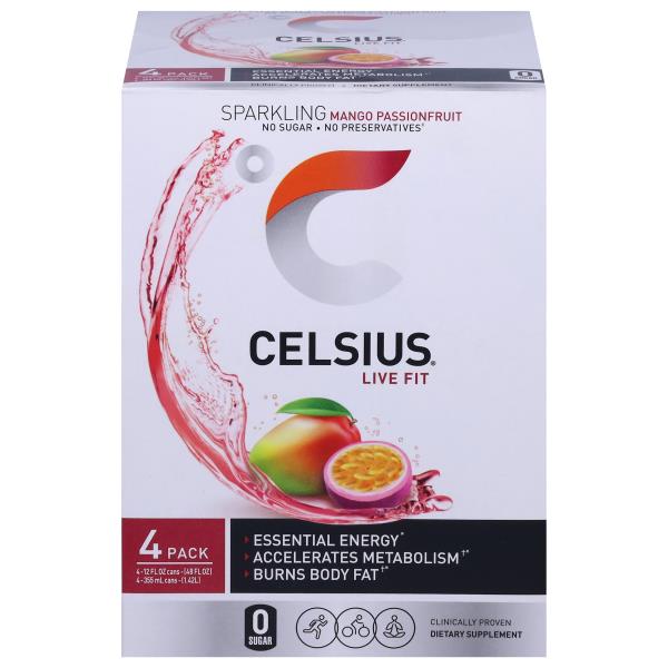 Celsius Live Fit Energy Drink, Mango Passionfruit, Sparkling, 4 Pack