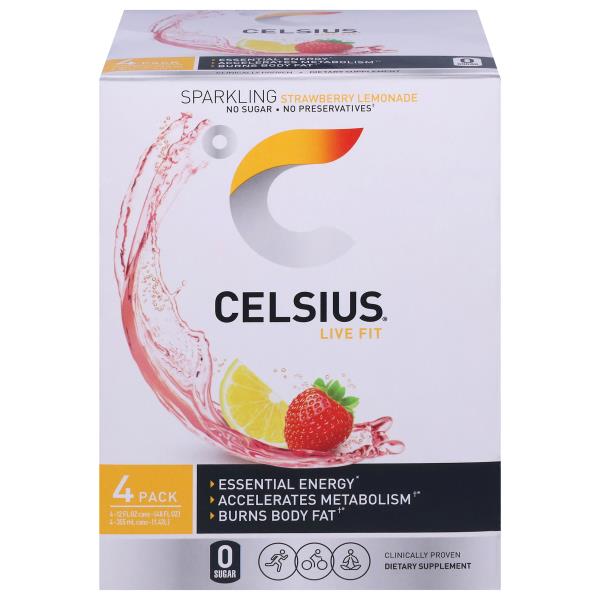 Celsius Energy Drink, Sparkling, Strawberry Lemonade, 4 Pack Publix