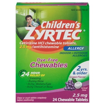 Zyrtec Allergy Relief, Children's, 2.5 mg, Chewable Tablets, Grape Flavor